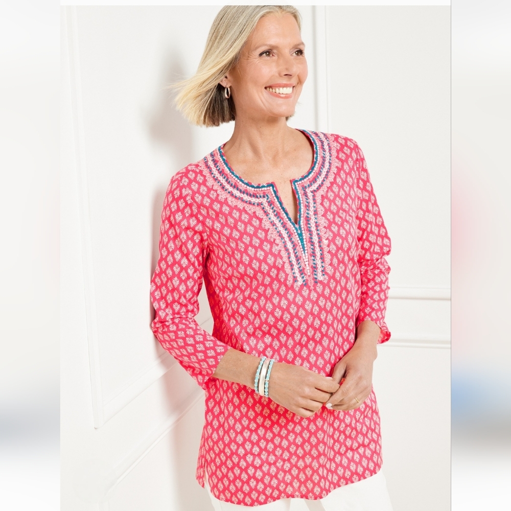 Talbots Medallion Tunic Top Shirt Blouse Embroidered Size L Flowy Soft Vibrant